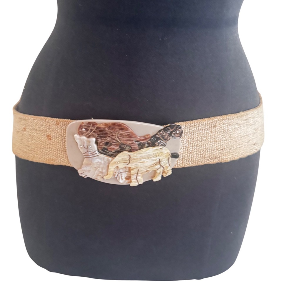 Vintage Resin Animal Carved Rhinestone Eyes Belt Old Elastic Woven Waistband M